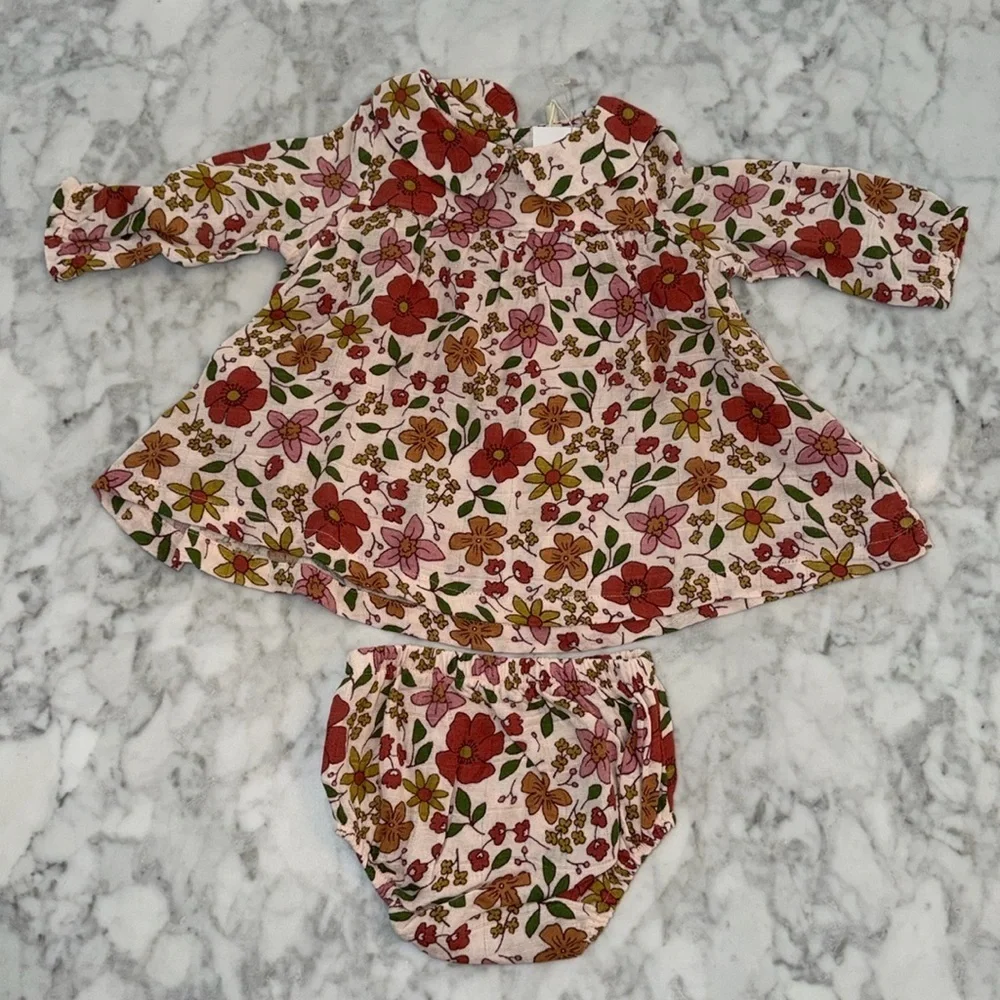 NWT ANGEL DEAR FLORAL NEUTRAL DRESS SET 3/6M